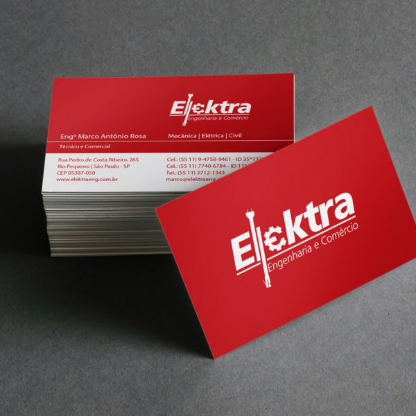 Criação de cartão de visita para empresa Elektra Engenharia e Comércio, especializada nos ramos de engenharia cívil, mecânica e elétrica. Esta empresa tanto comercializa produtos quanto presta serviços nestes setores.