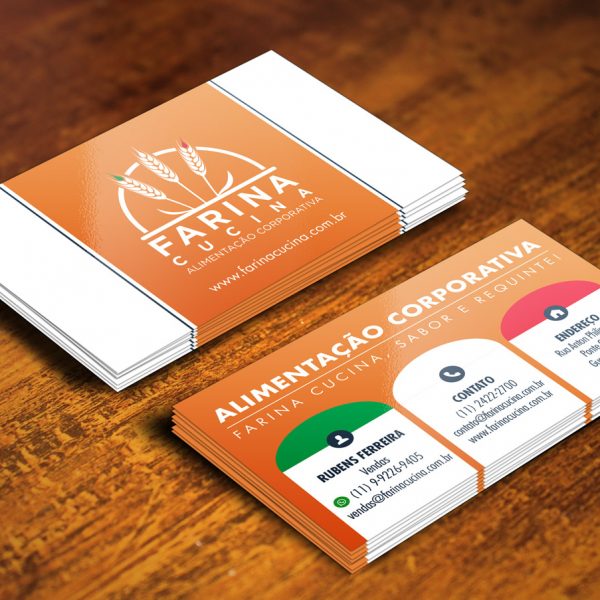 Criação de cartões de visita para Farina Cucina, os elementos da identidade visual foram incorporados para melhor identificação da marca.