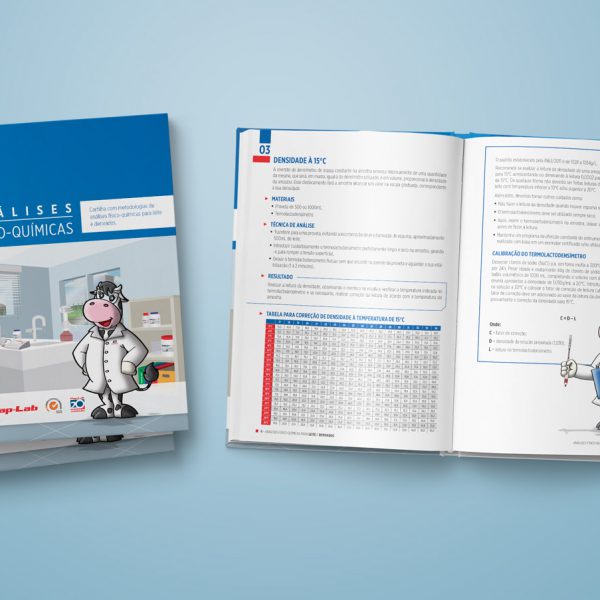 Diagramação de cartilha com metodologias de análises físico-químicas para leite e derivados produzido para Cap-Lab, material destinado exclusivamente a profissionais da área. As ilustrações contidas nele foram todas desenhadas pela Total FX.