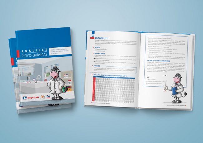 Diagramação de cartilha com metodologias de análises físico-químicas para leite e derivados produzido para Cap-Lab, material destinado exclusivamente a profissionais da área. As ilustrações contidas nele foram todas desenhadas pela Total FX.