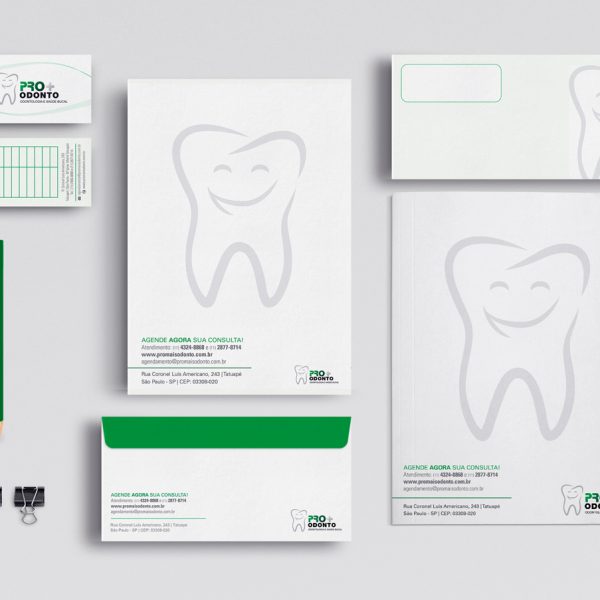 Criação de papelaria, branding, para Pro+ Odonto, empresa que oferece serviços de dentista, planos odontológicos e cirurgiã dentista, esta empresa pertence ao grupo Pro Ocupacional segurança e medicina do trabalho.