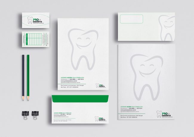 Criação de papelaria, branding, para Pro+ Odonto, empresa que oferece serviços de dentista, planos odontológicos e cirurgiã dentista, esta empresa pertence ao grupo Pro Ocupacional segurança e medicina do trabalho.