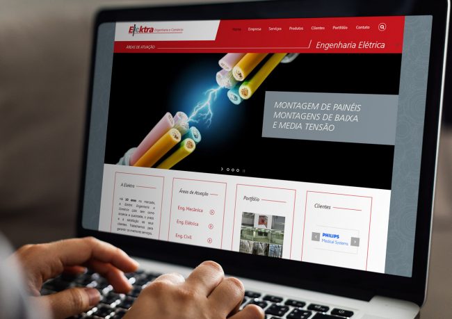 Criação de website para Elektra Engenharia e Comércio, empresa especializada nos setores de engenharia elétrica, mecânica e cívil, localizada em São Paulo - SP.